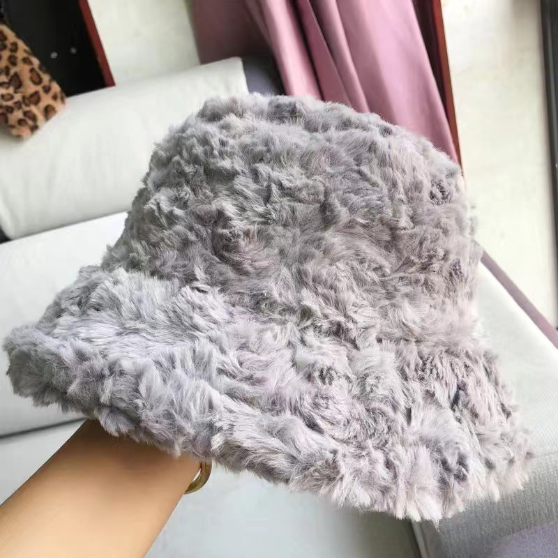 Plain Bucket Rabbit Fur Hat Autumn Winter Plush Cap Warm Fuzzy Bucket Hat