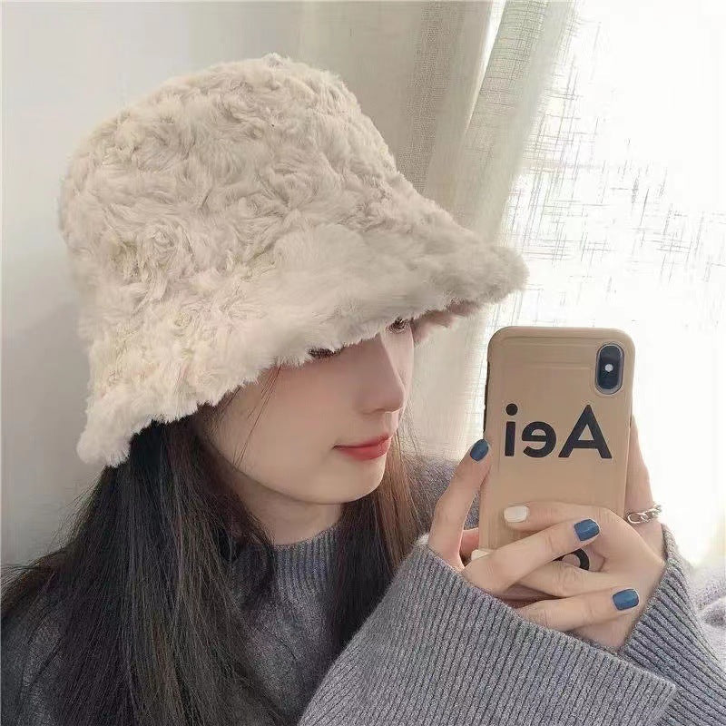 Plain Bucket Rabbit Fur Hat Autumn Winter Plush Cap Warm Fuzzy Bucket Hat