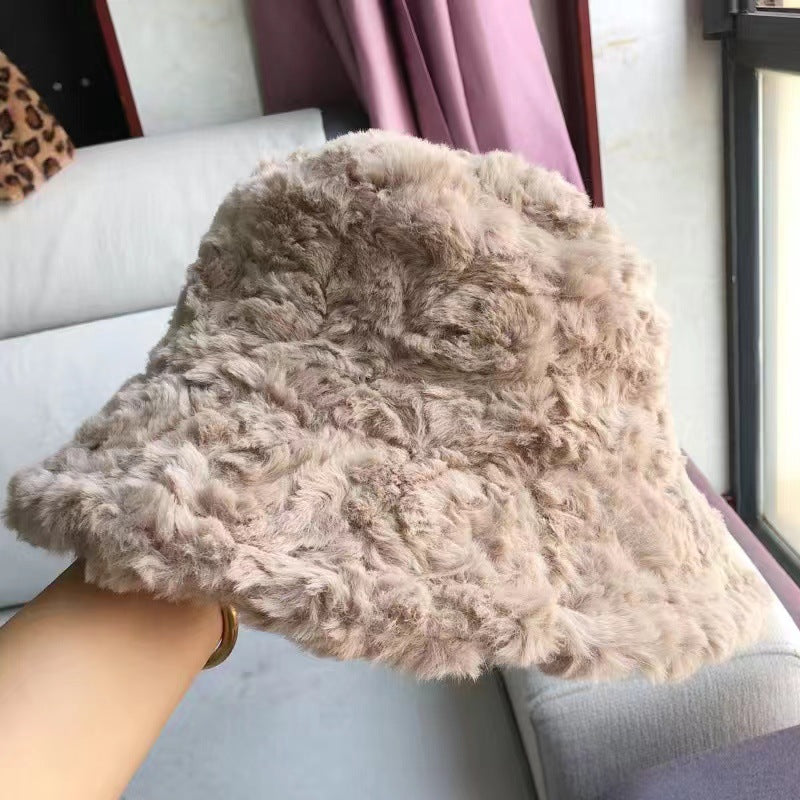 Plain Bucket Rabbit Fur Hat Autumn Winter Plush Cap Warm Fuzzy Bucket Hat