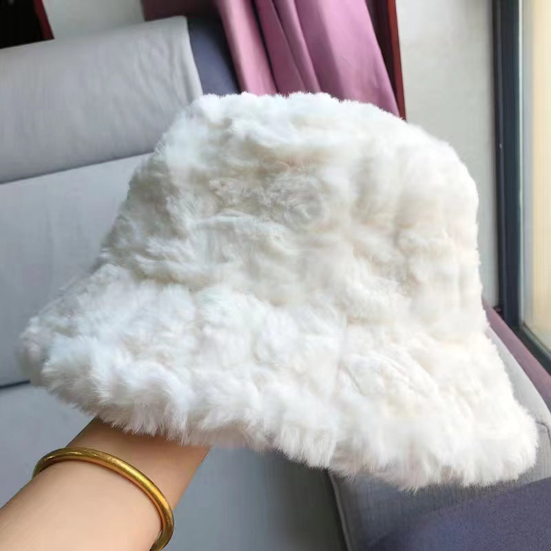 Plain Bucket Rabbit Fur Hat Autumn Winter Plush Cap Warm Fuzzy Bucket Hat