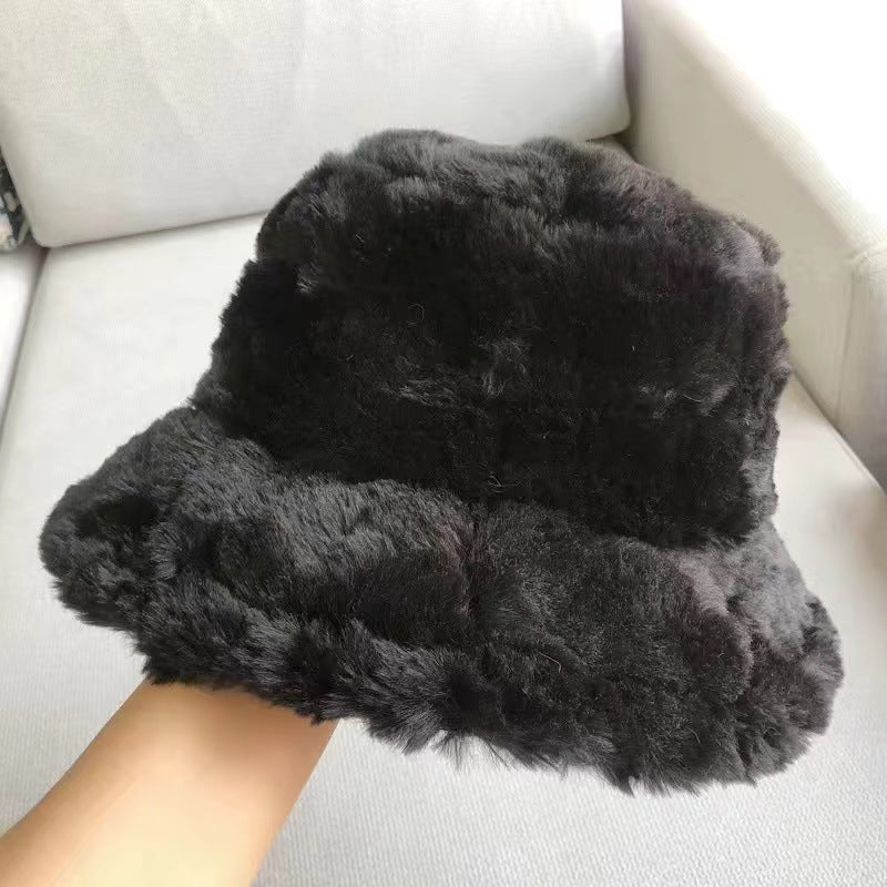 Plain Bucket Rabbit Fur Hat Autumn Winter Plush Cap Warm Fuzzy Bucket Hat